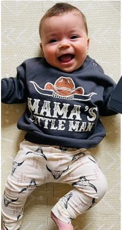 Omkzanbi 2Pcs Baby Boy Fall/Winter Clothes Long Sleeve Pullover Sweatpants Crewneck Sweatshirt Joggers Pants Western Outfit (Mama's Little Man Cow Printed Western Suit, 0-6 Months)