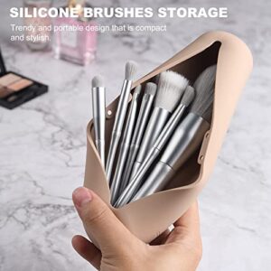 FVION Silicone Brush Holder Travel Case, Make Up Brush Pouch with Magnetic Closure, Makeup Brush Covers - Khaki