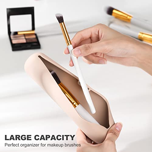 FVION Silicone Brush Holder Travel Case, Make Up Brush Pouch with Magnetic Closure, Makeup Brush Covers - Khaki