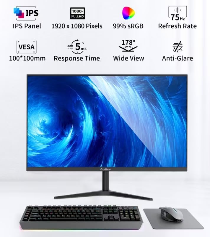 GreBear 27-inch Computer Monitor IPS Panel PC Monitors FHD 1080p 75Hz LED Display Home Office Desktop Screen, HDMI, VGA, Flicker-Free, Flicker Free, Blue Light Filter, 100x100 mm VESA Mountable