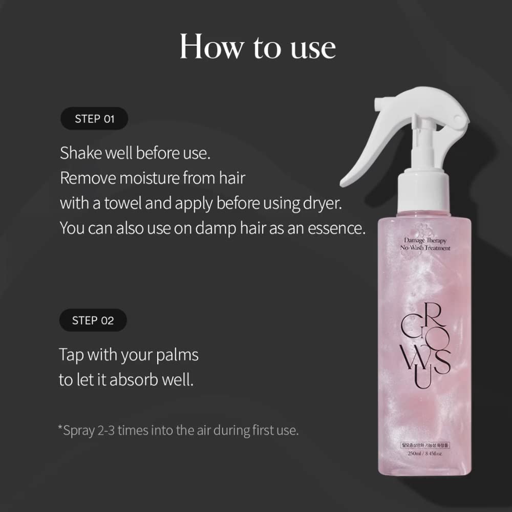 GROWUS Damage Therapy No-Wash Treatment EX - Concentrated High Shine, Heat Protectant, Moisturizing, Cuticle Repair, Free from Paraben and Surfate, Leave-In Type for Damaged Hair (8.45 Fl Oz / 250ml)