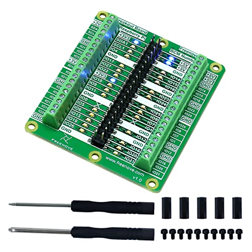 Freenove Breakout Board for Raspberry Pi 5 / 4B / 3B+ / 3B / 3A+ / 2B / 1B+ / 1A+ / Zero W/Zero, Terminal Block HAT, GPIO Status LED