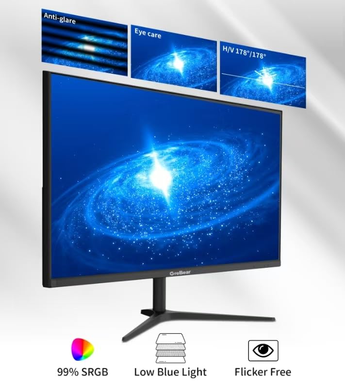 GreBear 27-inch Computer Monitor IPS Panel PC Monitors FHD 1080p 75Hz LED Display Home Office Desktop Screen, HDMI, VGA, Flicker-Free, Flicker Free, Blue Light Filter, 100x100 mm VESA Mountable