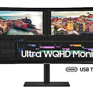 SAMSUNG 34” ViewFinity S65UA Series Ultrawide QHD Curved Monitor, HDR10, 100Hz, 350 nit, USB- C, Adjustable Stand, Intelligent Eye Care, LS34A650UBNXGO, Black