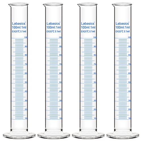 Labasics 4-Pack Borosilicate Glass 100 ml Heavy Wall Graduated Cylinder Measuring Cylinder