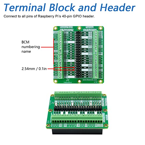 Freenove Breakout Board for Raspberry Pi 5 / 4B / 3B+ / 3B / 3A+ / 2B / 1B+ / 1A+ / Zero W/Zero, Terminal Block HAT, GPIO Status LED