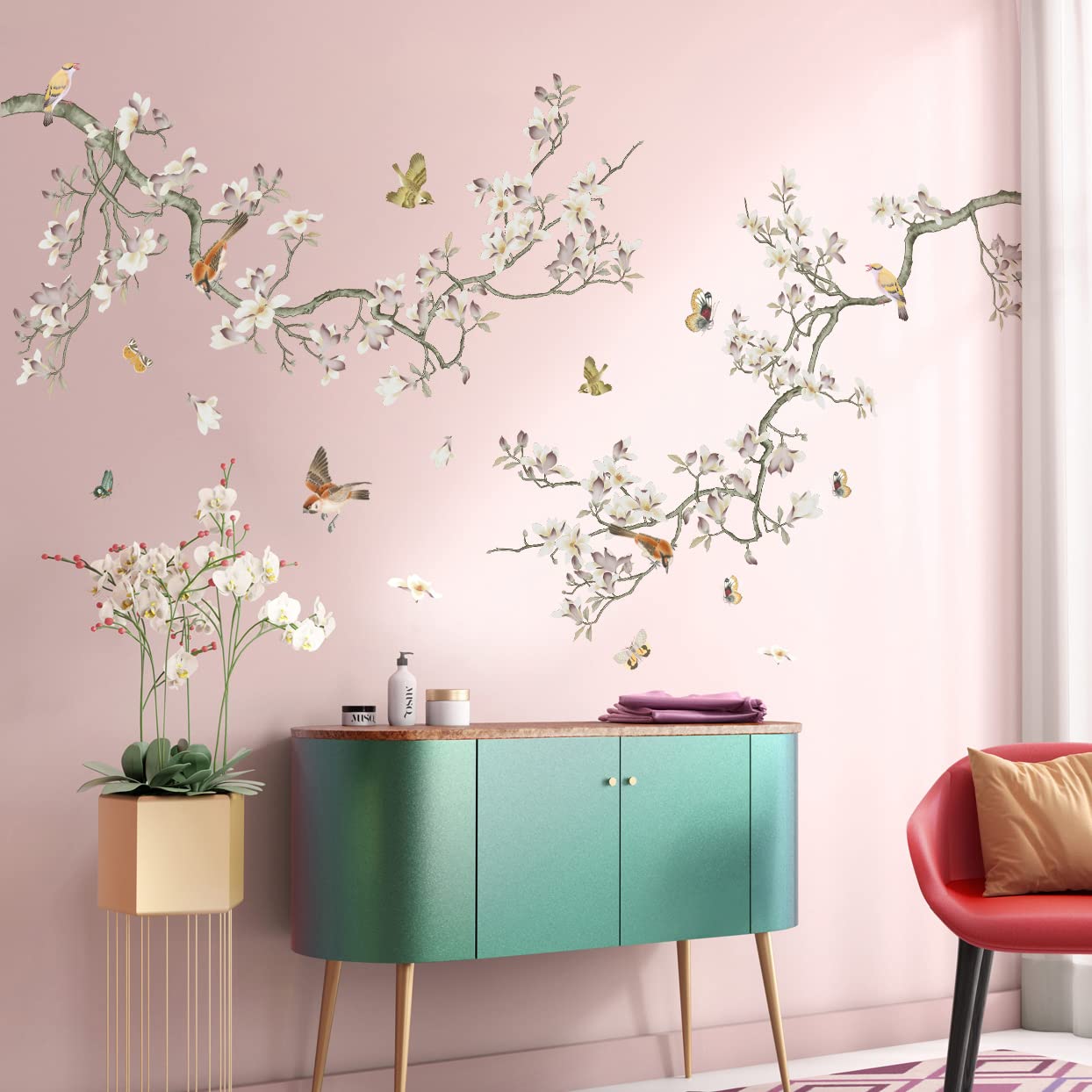 Green Leaf Branch Wall Decals White Flowers Wall Stickers DIY Removable Butterflies and Birds Wall Sticker Art Home Decoration for Kids Baby Girls Bedroom Classroom Offices Nursery TV Sofa Background (B)