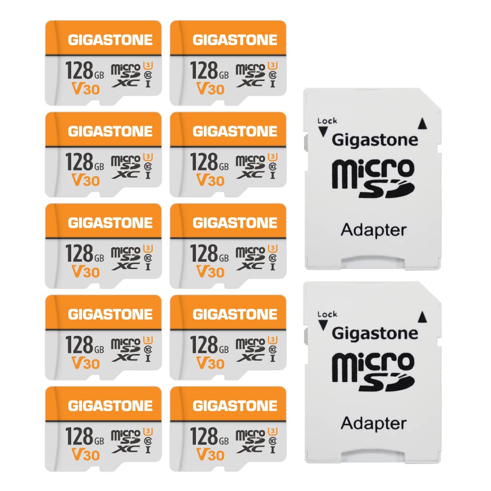 Gigastone 128GB 10-Pack Micro SD Card, 4K Video Pro, GoPro, Surveillance, Security Camera, Action Camera, Drone, 95MB/s MicroSDXC Memory Card UHS-I V30 Class 10, with 2 Adapters