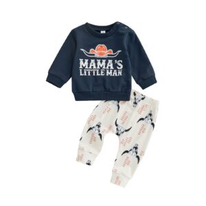 omkzanbi 2pcs baby boy fall/winter clothes long sleeve pullover sweatpants crewneck sweatshirt joggers pants western outfit (mama's little man cow printed western suit, 0-6 months)