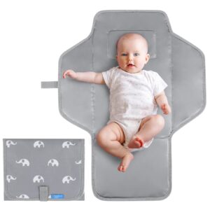 Baby Portable Changing Pad Travel - Waterproof Compact Diaper Changing Mat with Built-in Pillow - Lightweight & Foldable Changing Station, Newborn Shower Gifts (Clouds and Elephant)