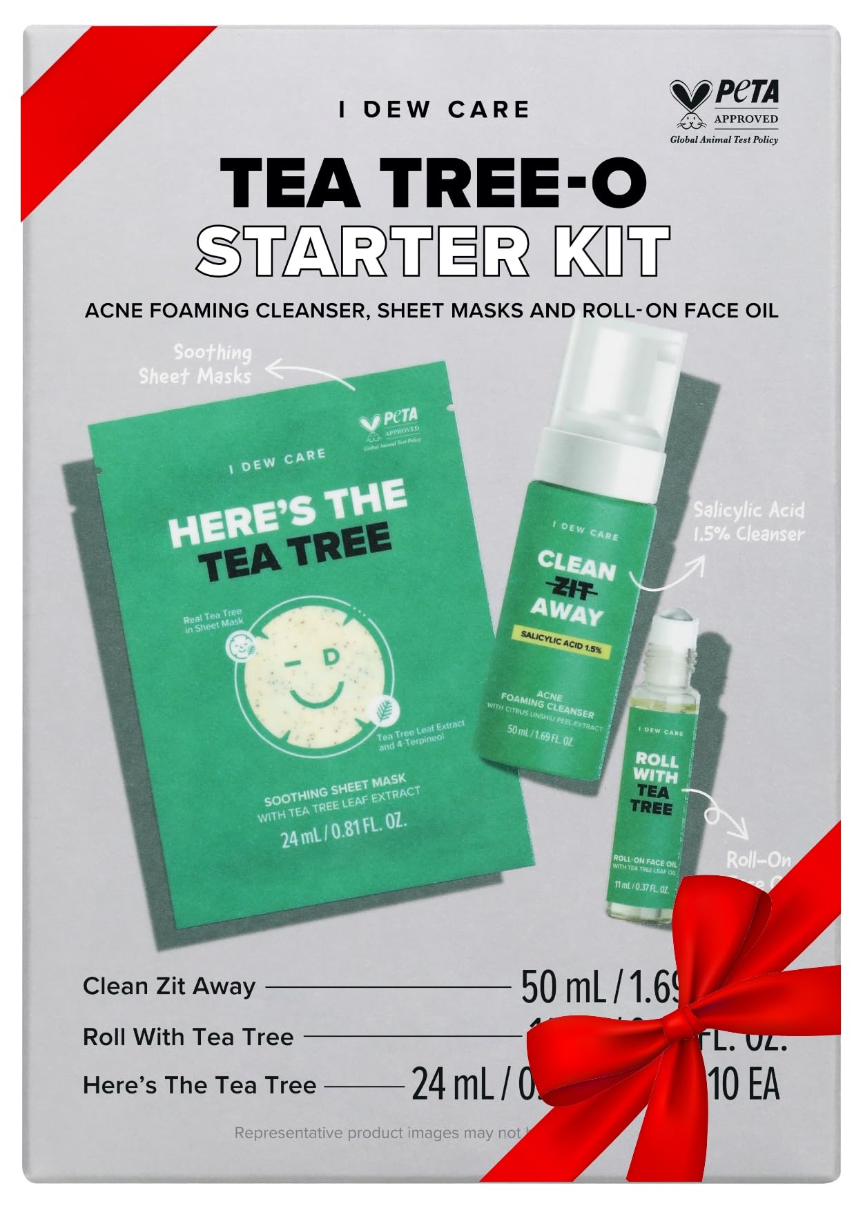 I Dew Care Skincare Set - Tea Tree-O Starter Kit | Salicylic Acid & Tea Tree Oil, Acne Care Treatment, Cleanser, Sheet Masks, and Roll-On Face Oil, Travel Size, TSA Friendly Size