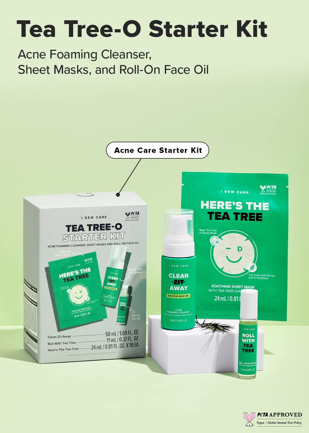 I Dew Care Skincare Set - Tea Tree-O Starter Kit | Salicylic Acid & Tea Tree Oil, Acne Care Treatment, Cleanser, Sheet Masks, and Roll-On Face Oil, Travel Size, TSA Friendly Size