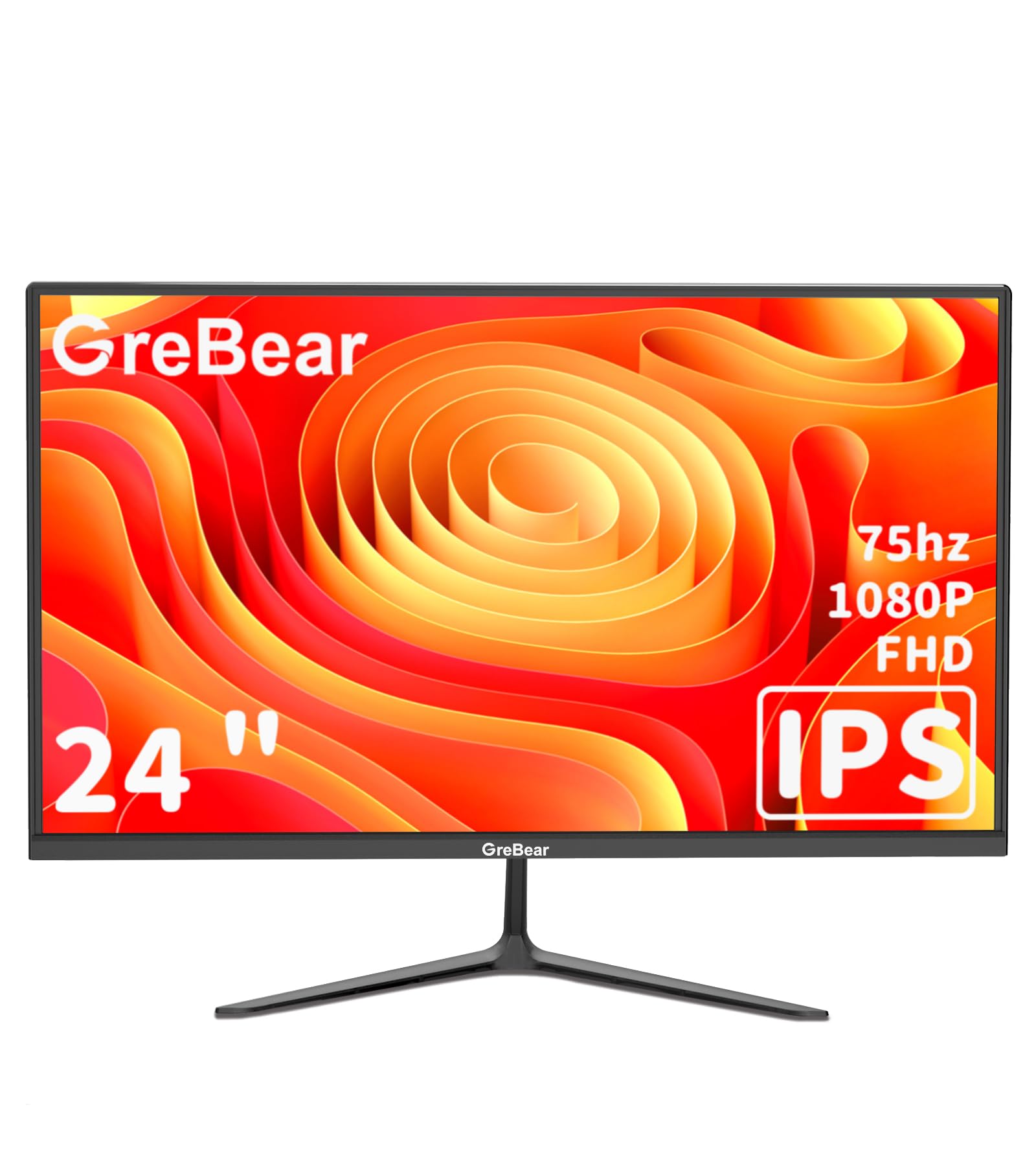 GreBear 24 Inch Computer Monitor 75Hz FHD IPS Screen 1080P PC Monitor, 5ms(GTG) 99% sRGB Low Blue Light Anti-Glare LED Desktop Display HDMI/VGA/Audio/Freesync/VESA Tilt Adjustable