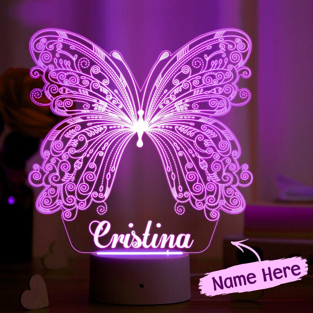 VEELU Butterfly 3D LED Baby Night Light Personalized with Name Christening Gift for Boy and Girl Birth Gift for Girl