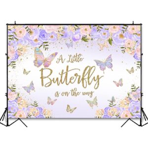 Avezano Butterfly Baby Shower Backdrop for Girl's Purple Floral Pastel Butterflies Baby Shower Background Pink Lilac Purple Gold Butterfly Kisses and Baby Wishes Sprinkle Party Decorations (7x5ft)