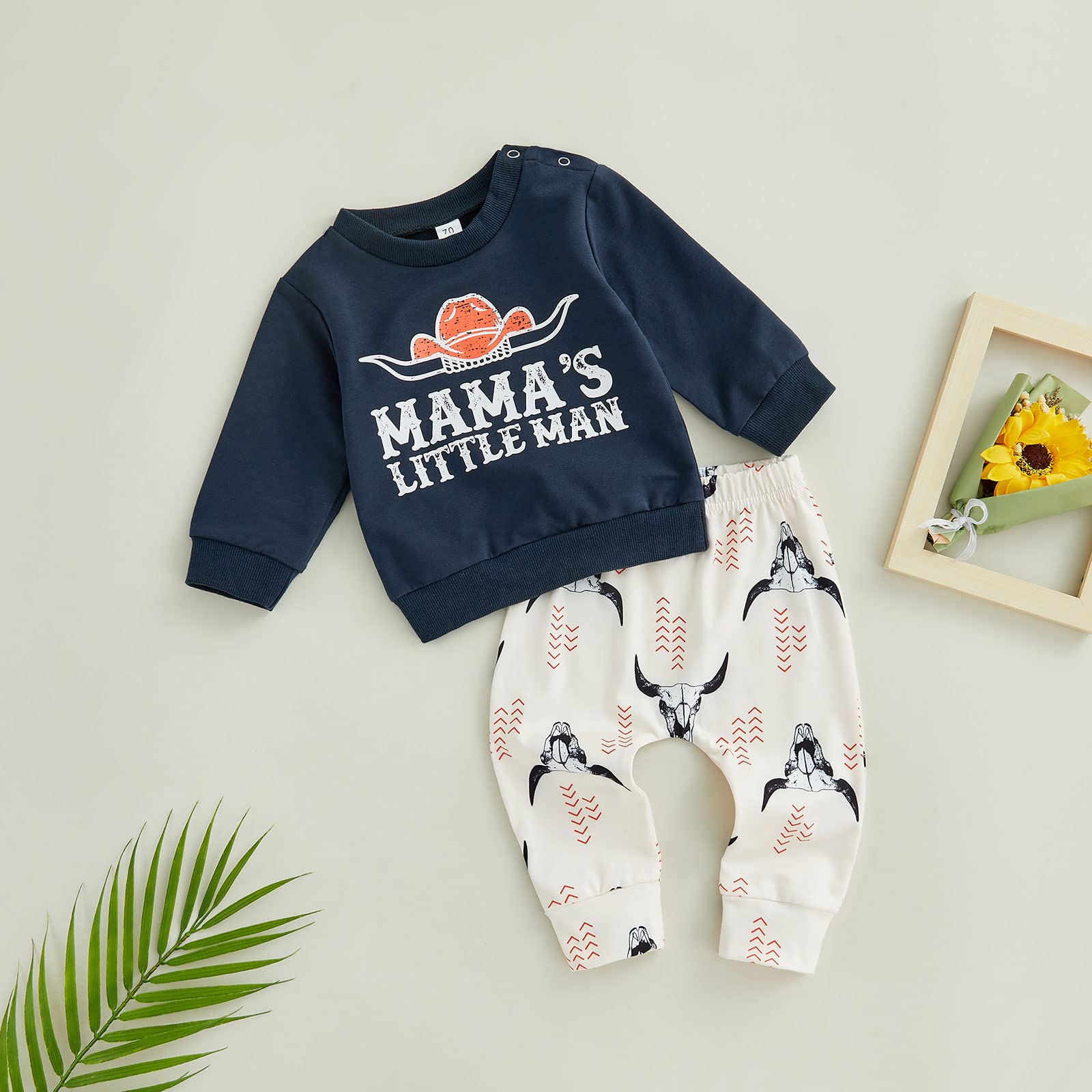 Omkzanbi 2Pcs Baby Boy Fall/Winter Clothes Long Sleeve Pullover Sweatpants Crewneck Sweatshirt Joggers Pants Western Outfit (Mama's Little Man Cow Printed Western Suit, 0-6 Months)