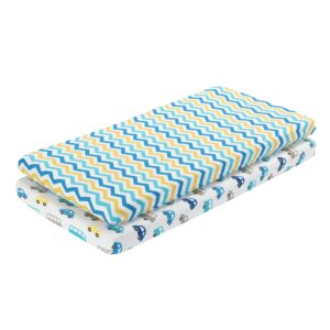 everyday kids 2 pack baby cradle sheets - fitted set for baby boy; 100% cotton jersey knit, breathable and soft cradle mattress pad cover; blue, yellow, gray cars and buses sheet and chevron art sheet