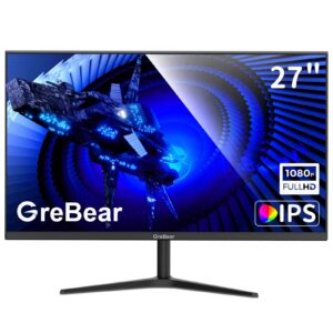 grebear 27-inch computer monitor ips panel pc monitors fhd 1080p 75hz led display home office desktop screen, hdmi, vga, flicker-free, flicker free, blue light filter, 100x100 mm vesa mountable