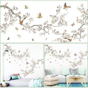 Green Leaf Branch Wall Decals White Flowers Wall Stickers DIY Removable Butterflies and Birds Wall Sticker Art Home Decoration for Kids Baby Girls Bedroom Classroom Offices Nursery TV Sofa Background (B)