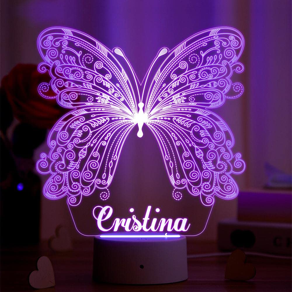 VEELU Butterfly 3D LED Baby Night Light Personalized with Name Christening Gift for Boy and Girl Birth Gift for Girl