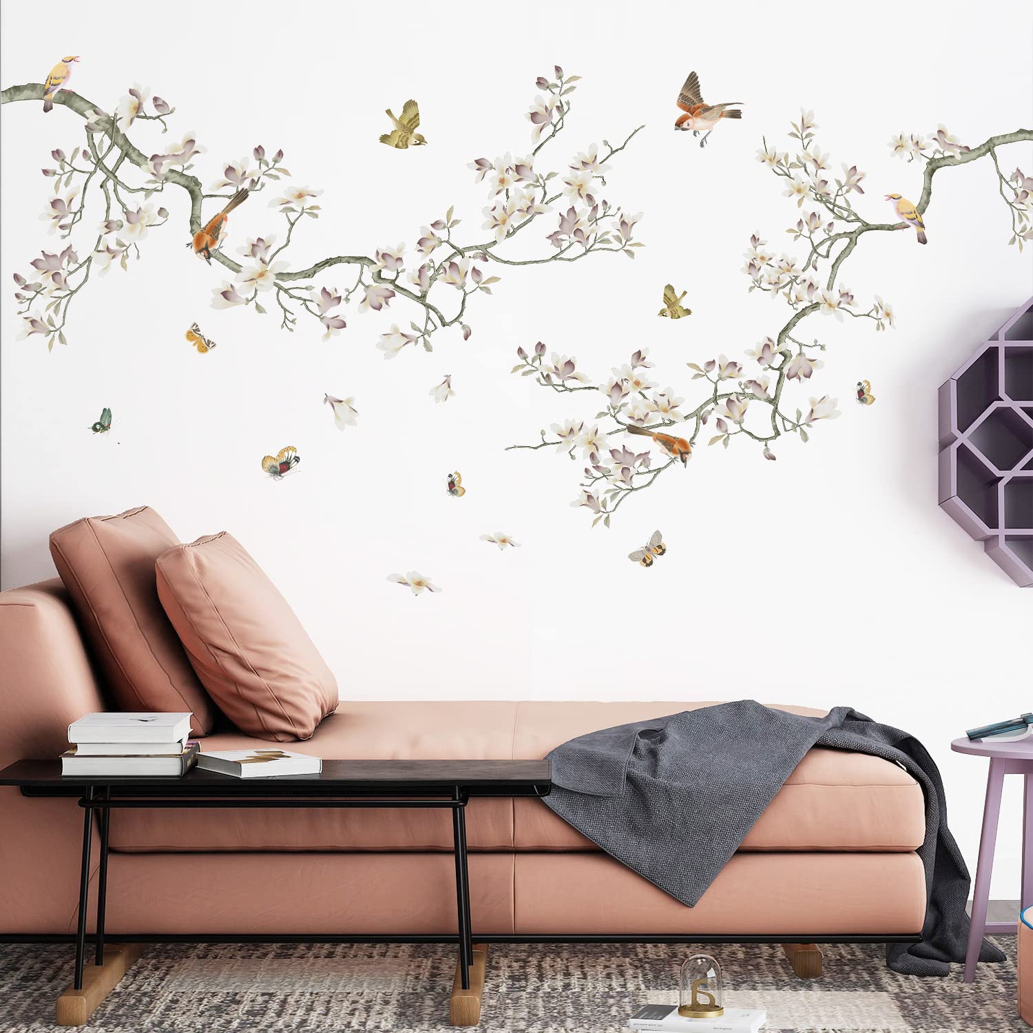 Green Leaf Branch Wall Decals White Flowers Wall Stickers DIY Removable Butterflies and Birds Wall Sticker Art Home Decoration for Kids Baby Girls Bedroom Classroom Offices Nursery TV Sofa Background (B)