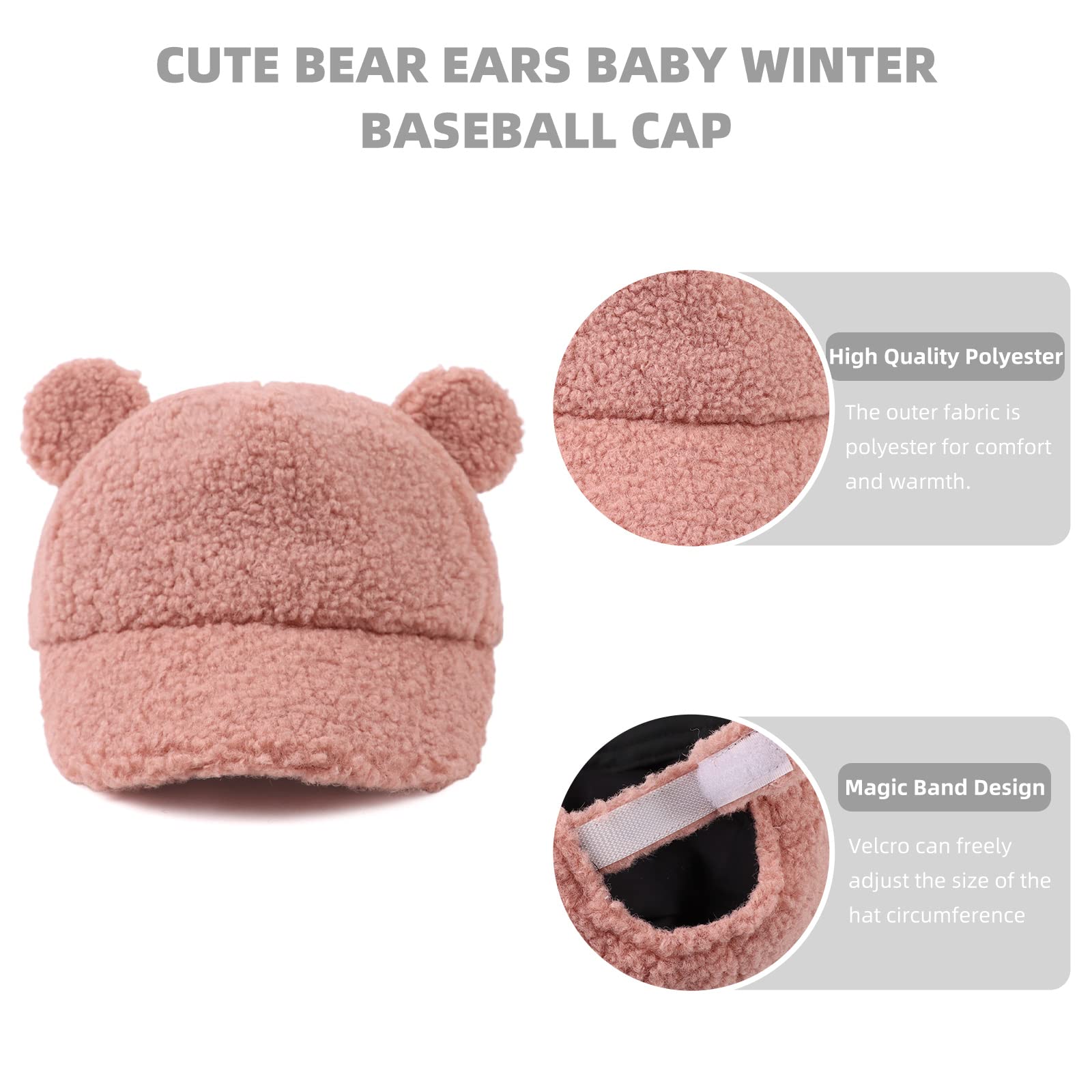 Winter Fleece Baseball Cap for Baby Girls Warm Toddler Boys Hat Cute Bear Ears Kids Baseball Hats (Pink, 52)