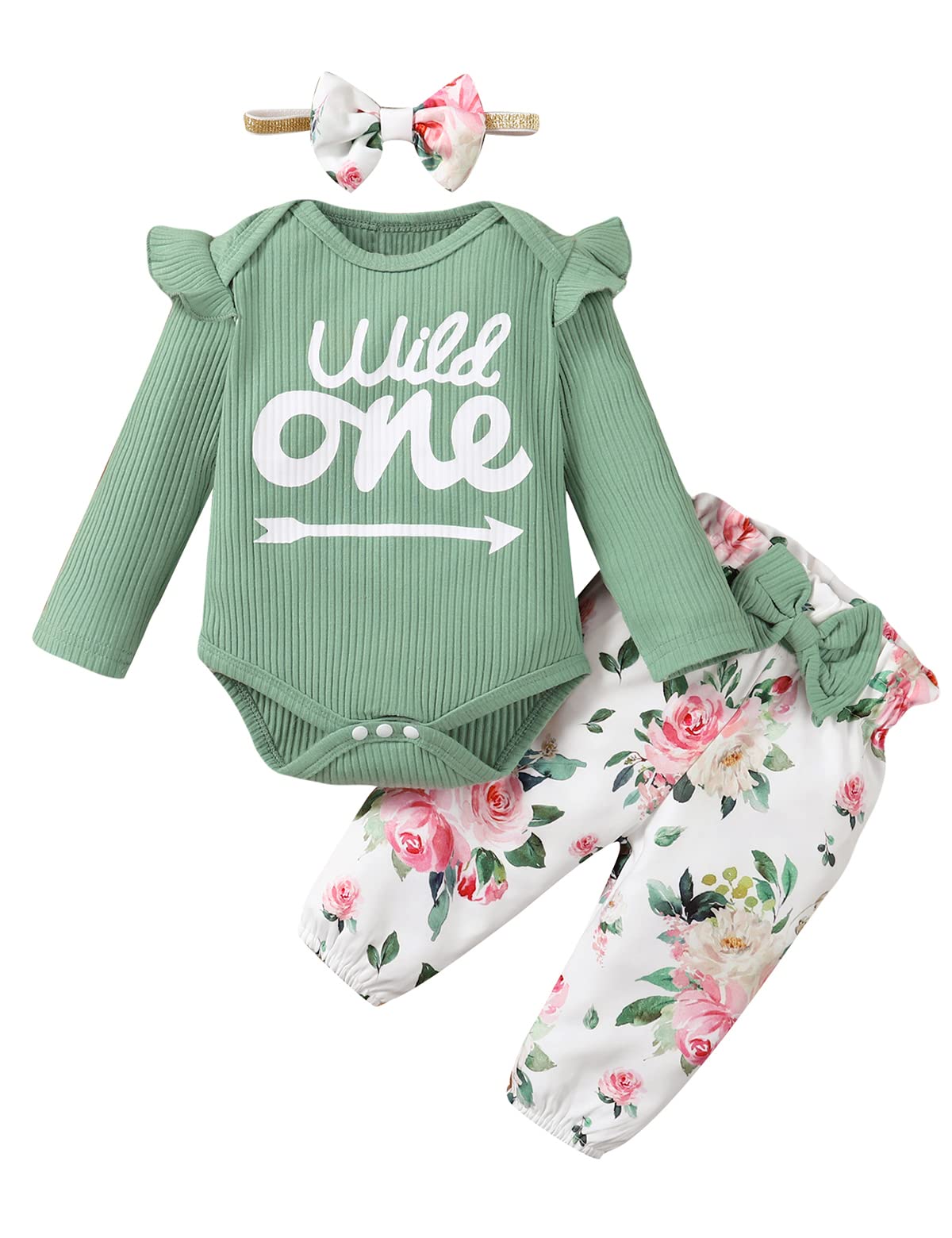 Baby Girl First Birthday Outfit 1st Birthday Girl Outfit Infant Wild One Bodysuit (Green,12-18 Months)