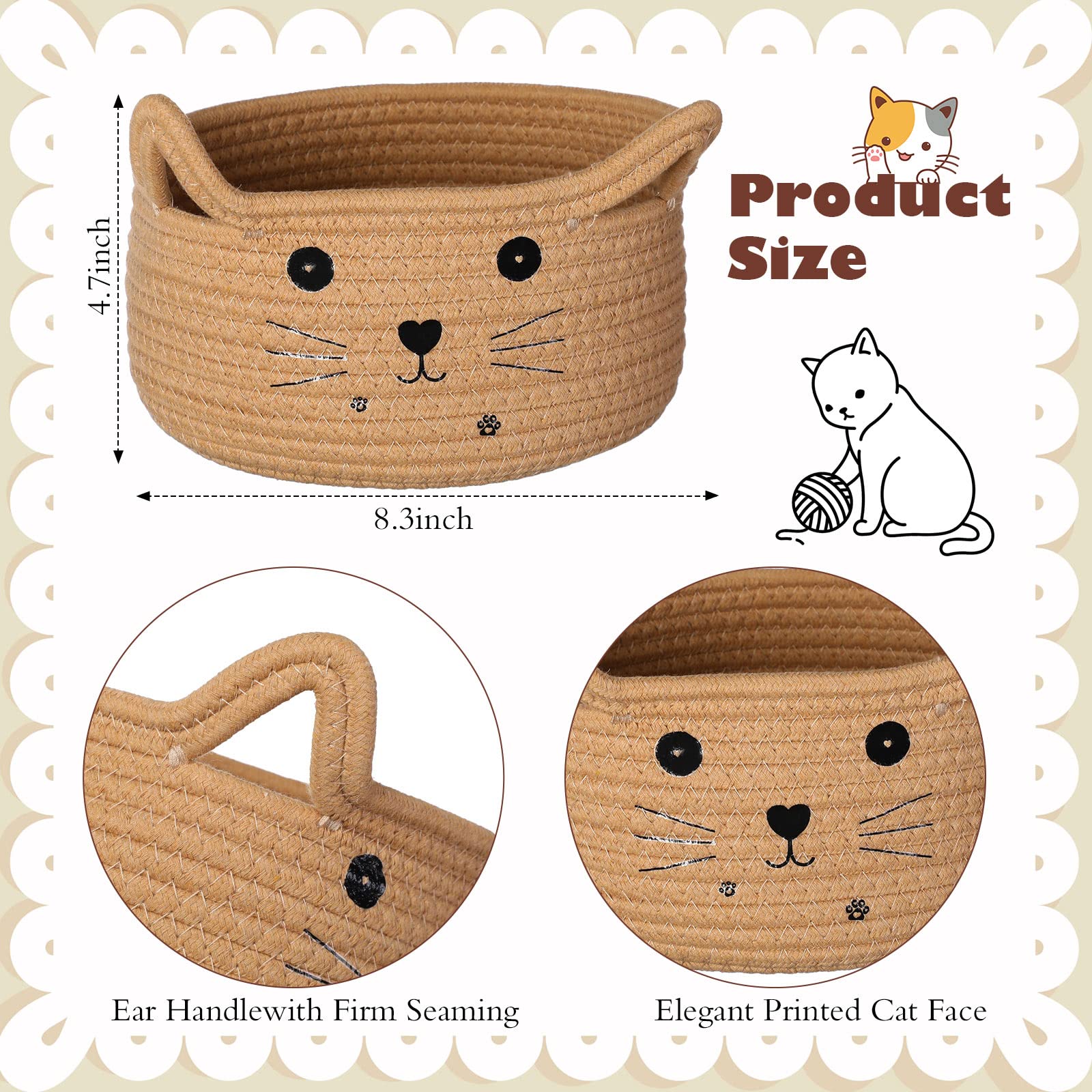 Zopeal Cat Basket Storage Woven Basket Organizer with Ears Decorative Pet Toy Cute Basket Cotton Rope Basket for Gift Cat Dog Toy Bin Nursery Room Kid (Khaki,8.3 x 4.7 Inch)