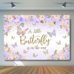 Avezano Butterfly Baby Shower Backdrop for Girl's Purple Floral Pastel Butterflies Baby Shower Background Pink Lilac Purple Gold Butterfly Kisses and Baby Wishes Sprinkle Party Decorations (7x5ft)