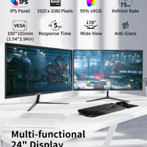 GreBear 24 Inch Computer Monitor 75Hz FHD IPS Screen 1080P PC Monitor, 5ms(GTG) 99% sRGB Low Blue Light Anti-Glare LED Desktop Display HDMI/VGA/Audio/Freesync/VESA Tilt Adjustable