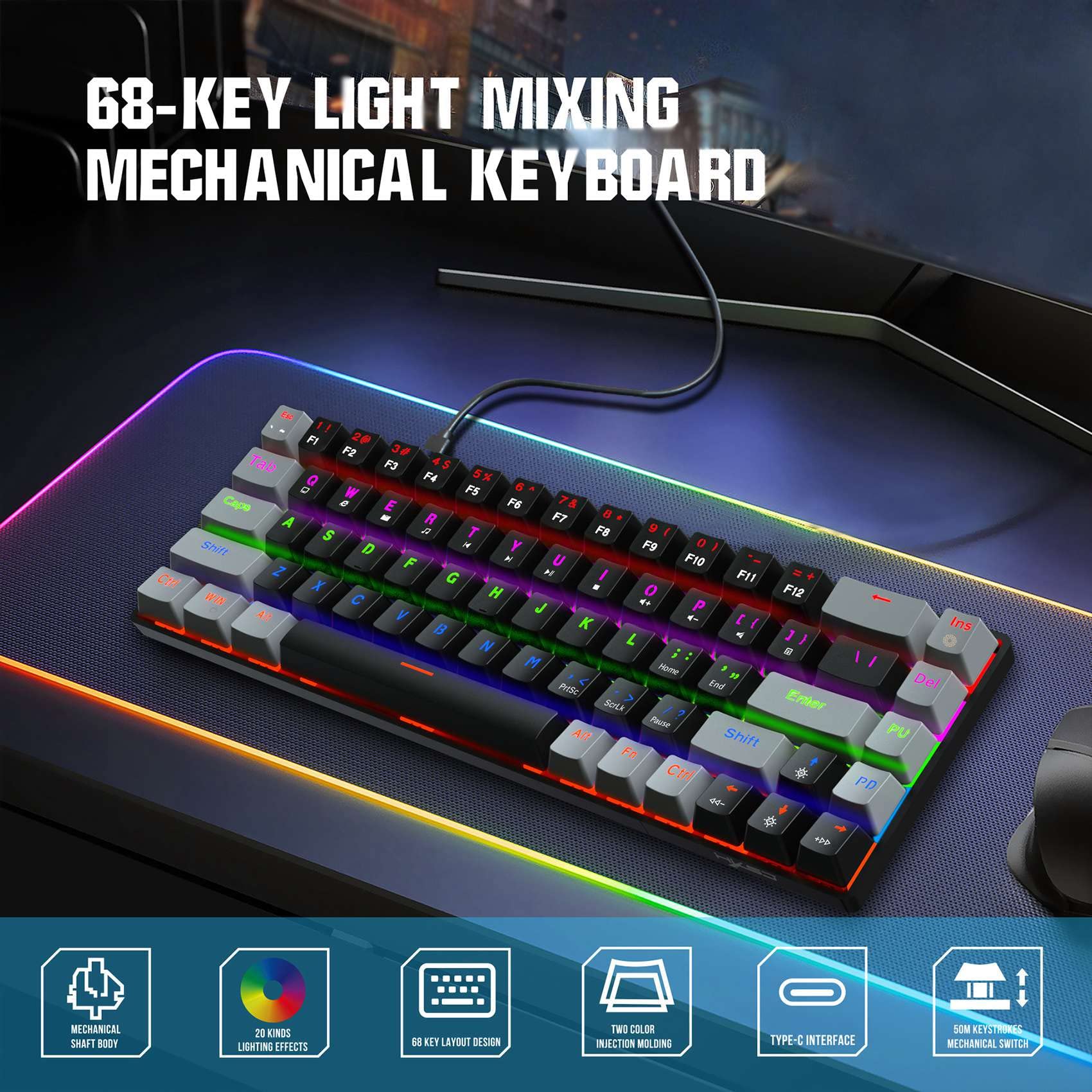 Pasotim V800 Mechanical Keyboard 68 -Color RGB Multiple Backlit Gaming Wired Keyboard Blue Axis