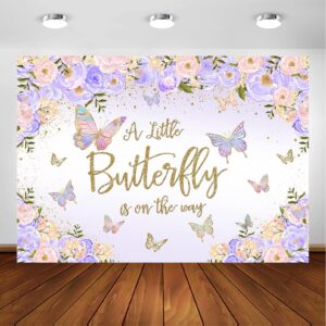 avezano butterfly baby shower backdrop for girl's purple floral pastel butterflies baby shower background pink lilac purple gold butterfly kisses and baby wishes sprinkle party decorations (7x5ft)