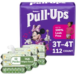 pull-ups girls training pants & wipes bundle: pull-ups training pants for girls size 3t-4t, 112ct & huggies natural care sensitive wipes, unscented, 12 packs (768 wipes total) (packaging may vary)