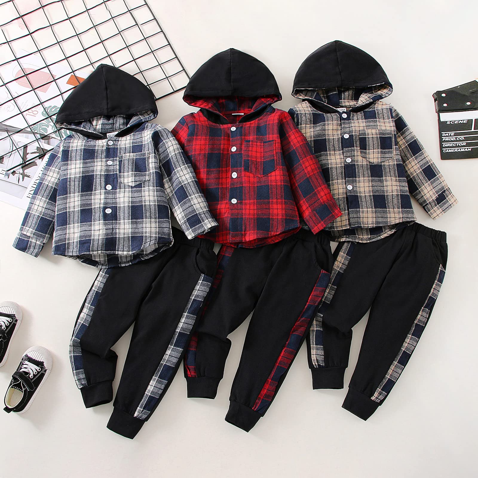 FOCUTEBB Boys 3T Clothes Boy Toddler Clothes for Boys Fall Winter Outfits Flannel Lattice Button Down Long Sleeve Plaid Shirt Hoodied Tops + Pants Sets Toddler Boys Winter Clothes Yellow 3-4T