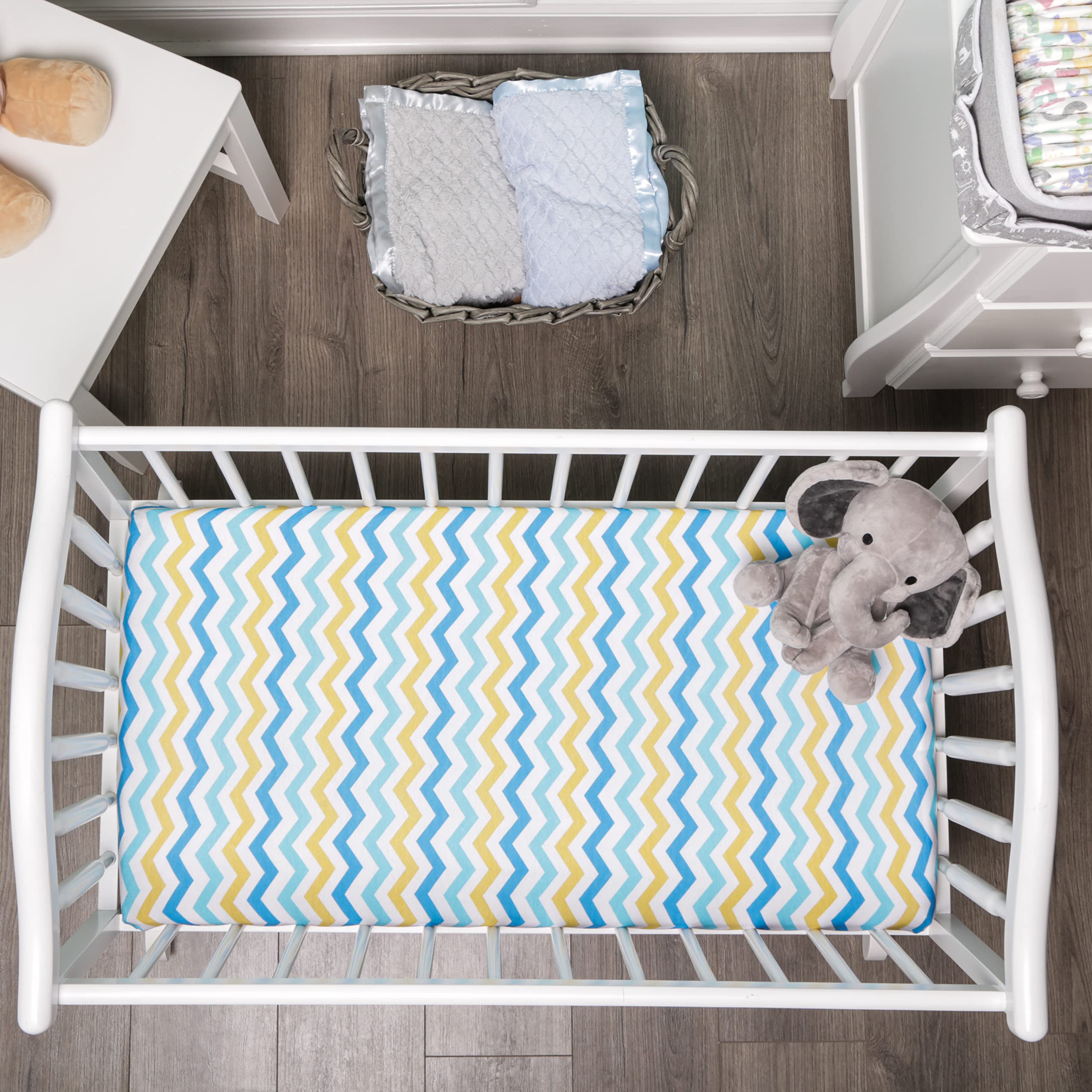 EVERYDAY KIDS 2 Pack Baby Cradle Sheets - Fitted Set for Baby Boy; 100% Cotton Jersey Knit, Breathable and Soft Cradle Mattress Pad Cover; Blue, Yellow, Gray Cars and Buses Sheet and Chevron Art Sheet