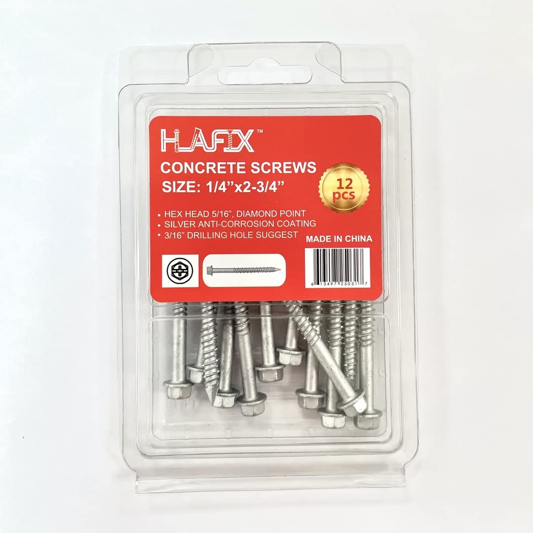 HLAFIX Fastener SS410 1000hrs Anti-Rust Silver Ruspert Coating Concrete Screw 1/4”x2-3/4”, Hex Washer Head, Diamond Point, 12pcs in Blister Package