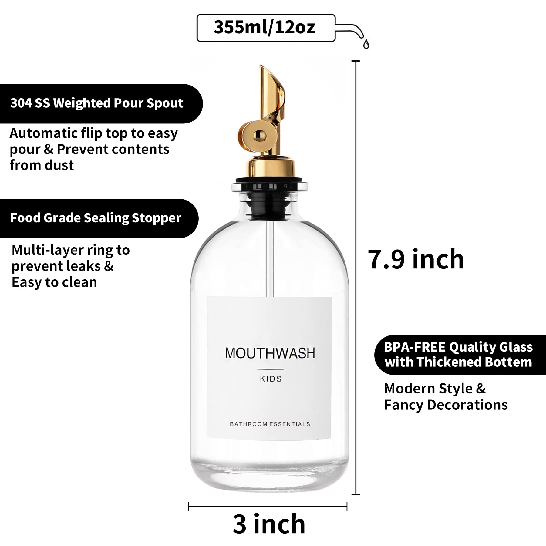 HomeFeel Mouthwash Dispenser for Bathroom, 12.7 oz, 2 Pack - Glass Mouthwash Bottle with 304 Stainless Steel Spout & Minimalist Labels, Style Mouthwash Container, Gold