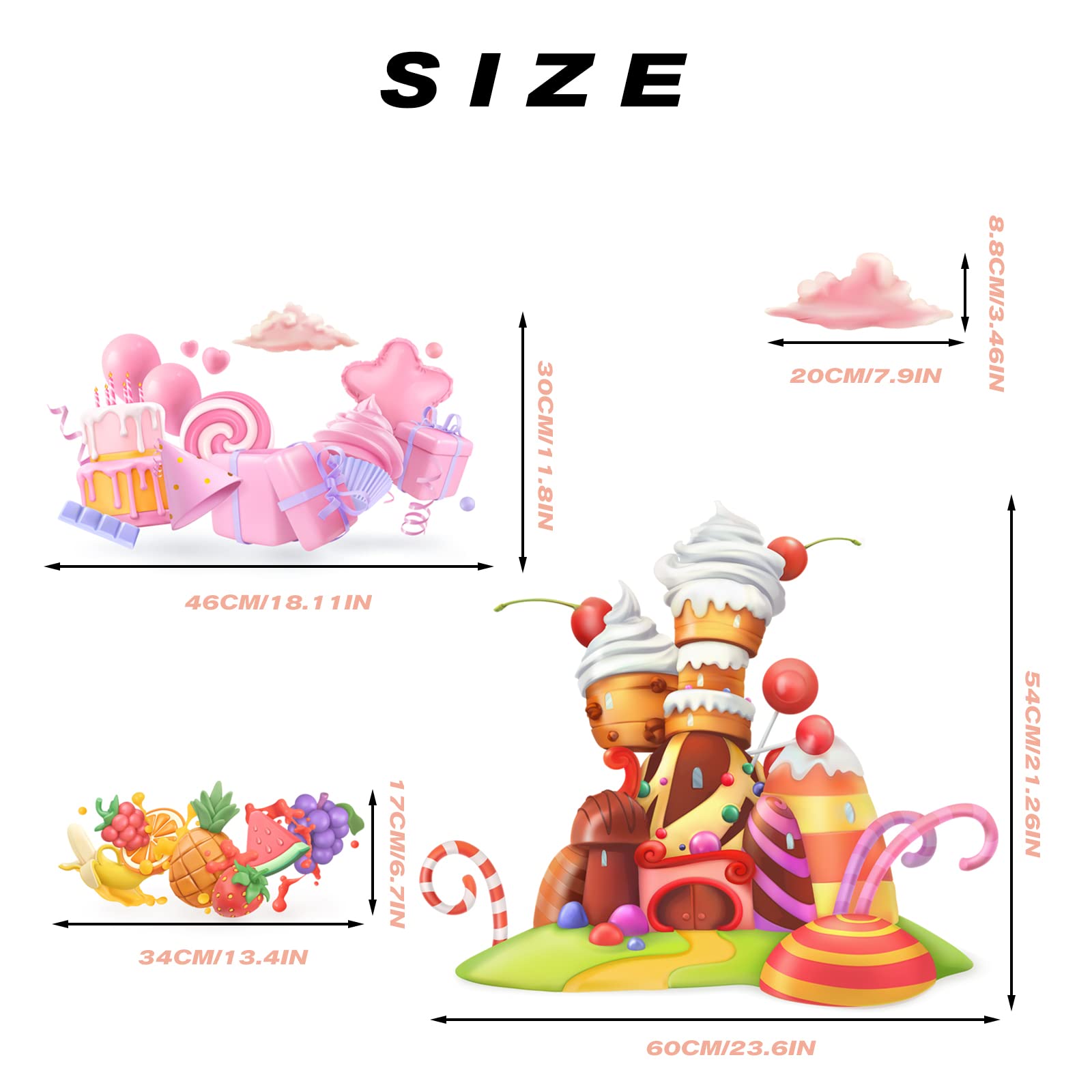 Ice Cream Candy Wall Stickers Castle Cake Wall Decals Removable Xmas Candy and Fruit Party Decor for Nursery Kids Room Decoration