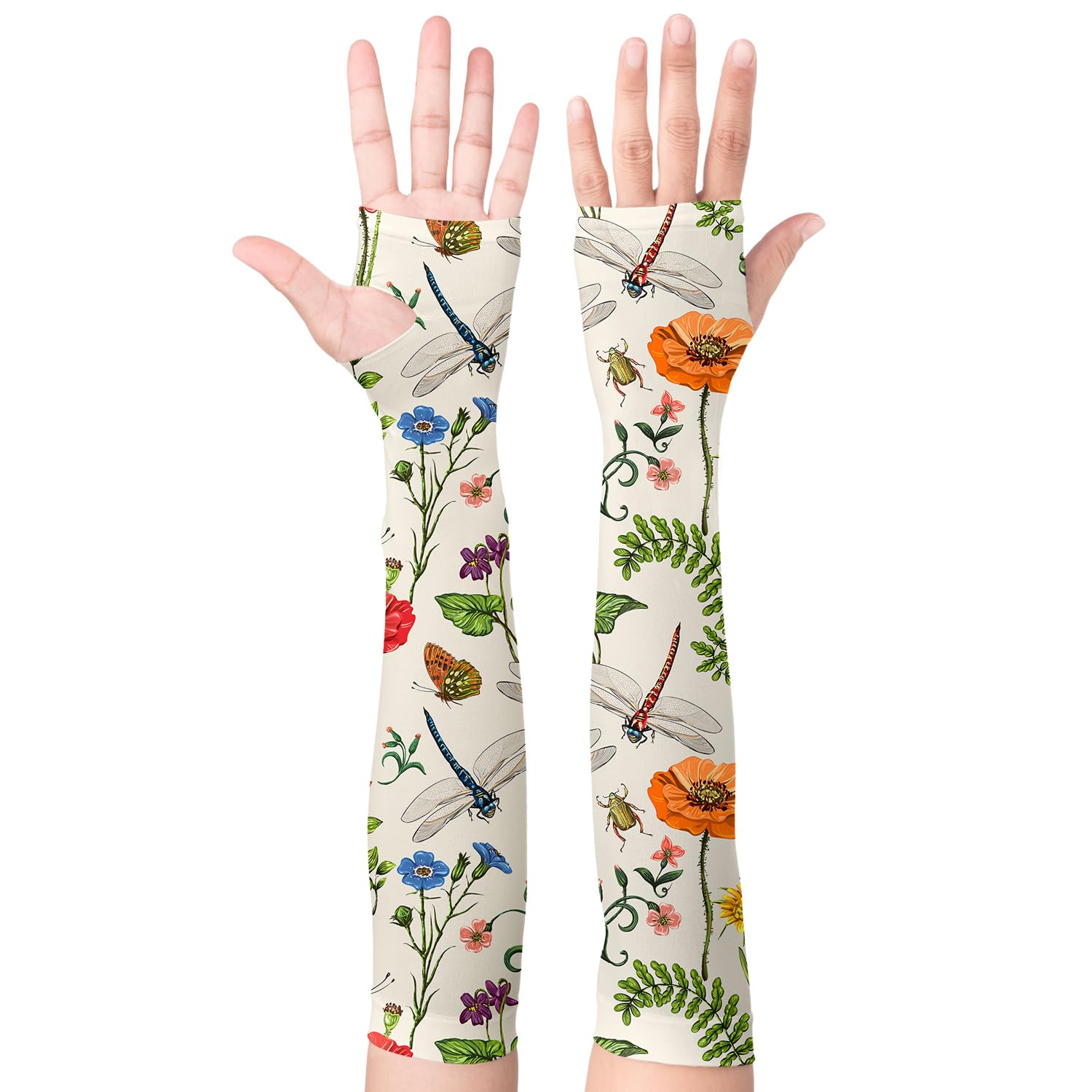 Minxiang Dragonfly Floral Gardening Sleeves Sun Protection Cooling Sleeves for Women Men Sun Protection Vintage Arm Sleeve to Covers with Thumb Hole