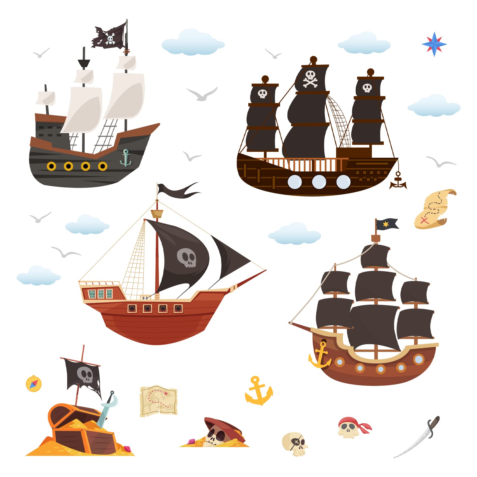 PLIGREAT Pirate Ship Wall Stickers, Removable Self-Adhesive Wall Stickers, Peel and Stick Wall Decals DIY Vinyl Wall Stickers for Boys Bedroom Nursery Living Room Home Wall Art Decor