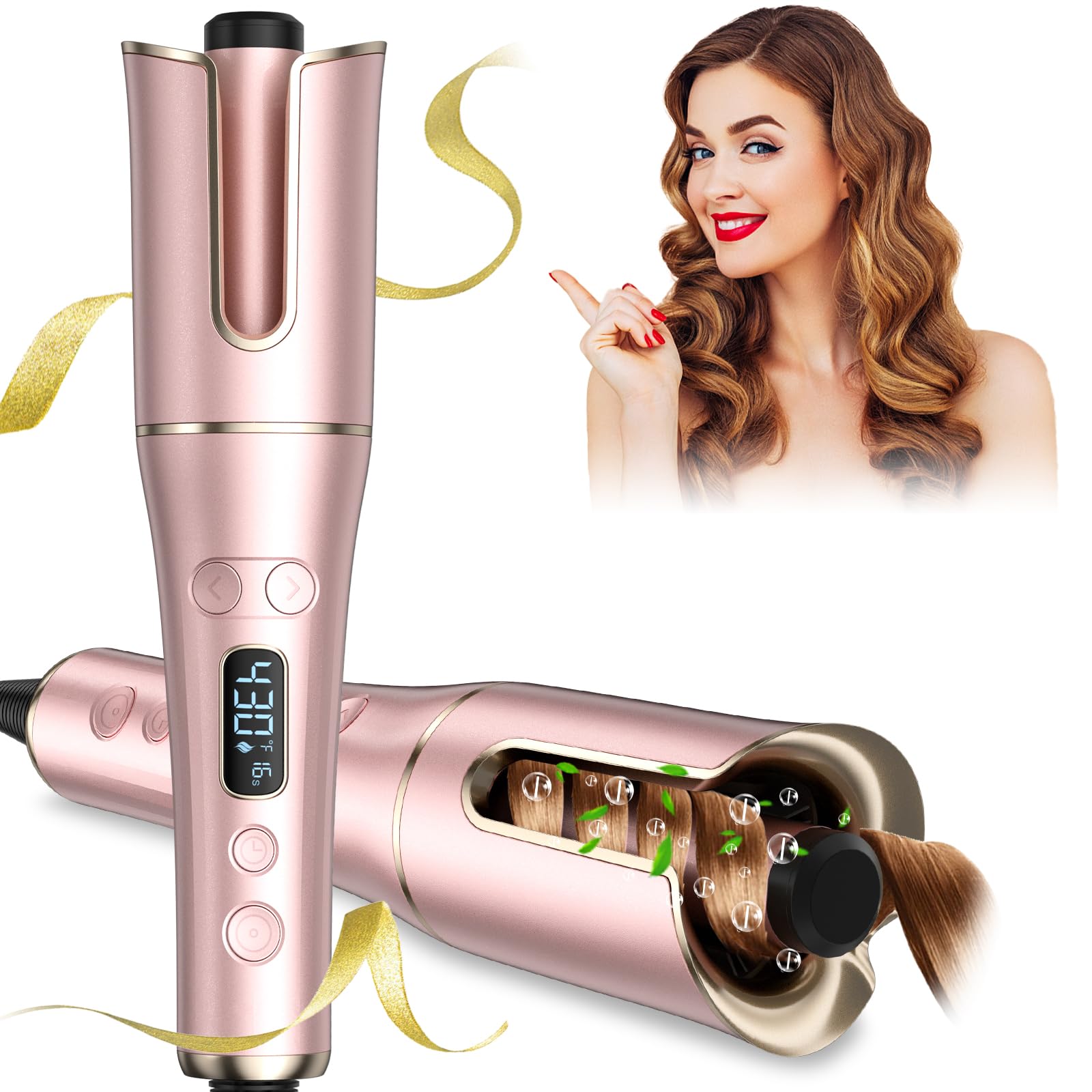 Automatic Curling Iron, Auto Hair Curler Wand with Large Rotating Barrel & 4 Temps & 3 Timers, Large Display Curling Iron with Dual Voltage, Auto Shut-Off, Fast Heating for Hair Styling