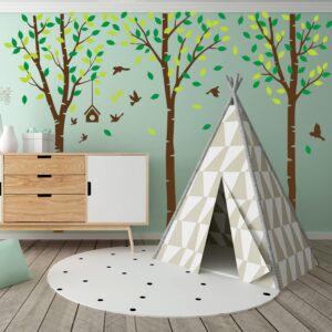 128 x 82inch Giant Jungle Forest Tree Wall Decals Birds Wall Stickers Green Leaves Wall Murals Decor for Kids Bedroom Nursery Living Room Office Home Decoration (Brown)