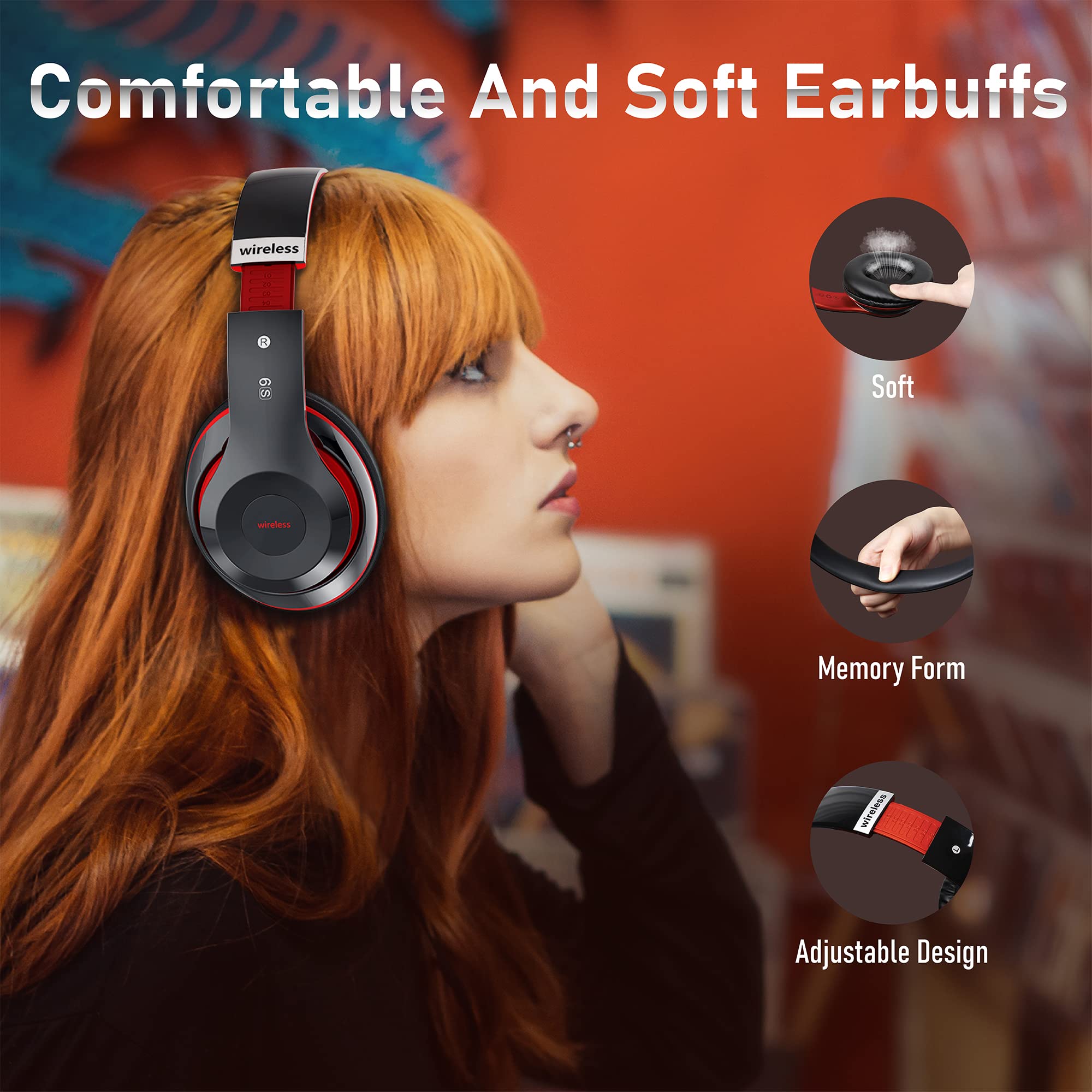 Bluetooth Headphones Over Ear, 6S Foldable Wireless Headphones with 6 EQ Modes, 40 Hours Playtime HiFi Stereo Headset with Mic, Soft Ear Pads, TF/FM for Cellphone/PC/Home (Black & Red)