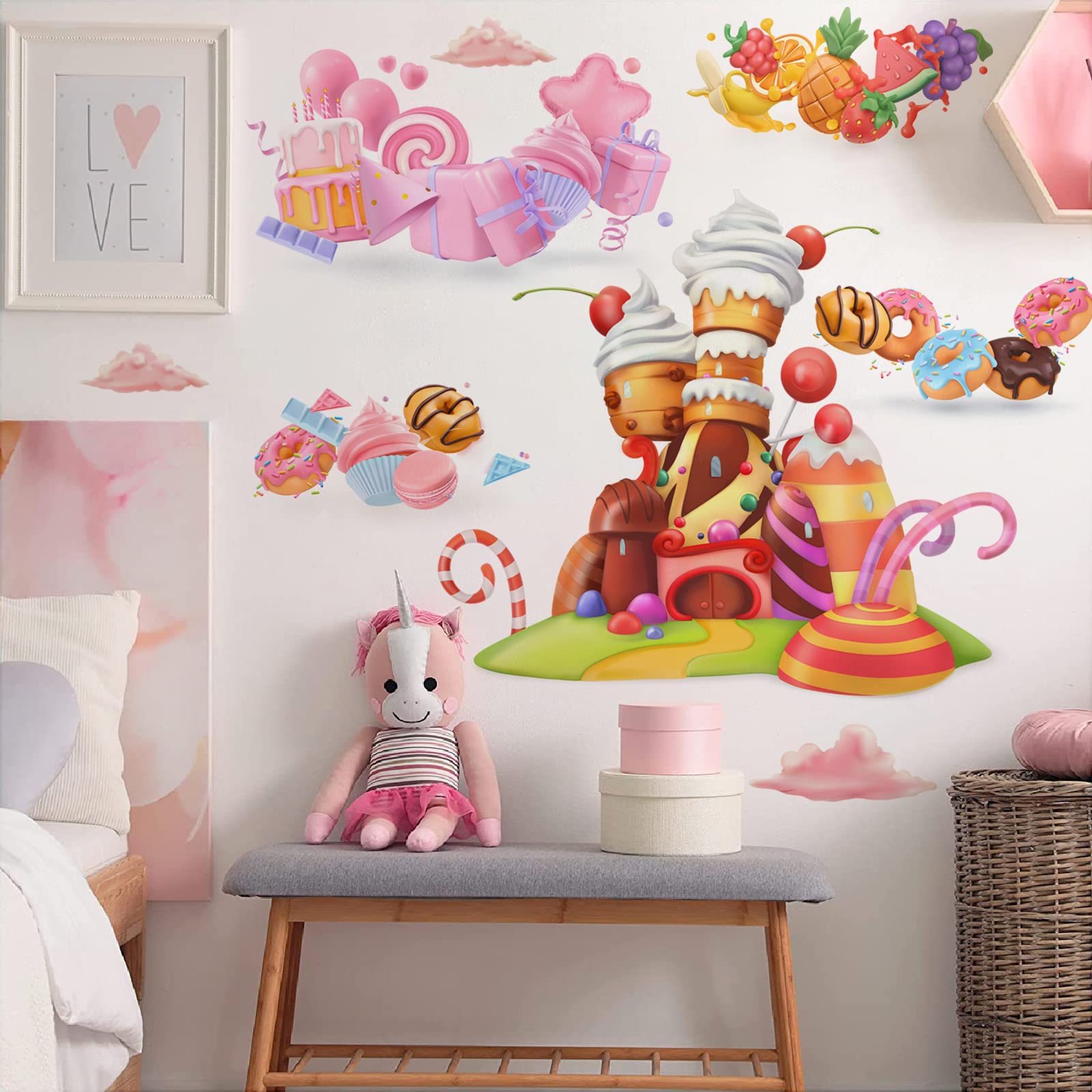 Ice Cream Candy Wall Stickers Castle Cake Wall Decals Removable Xmas Candy and Fruit Party Decor for Nursery Kids Room Decoration