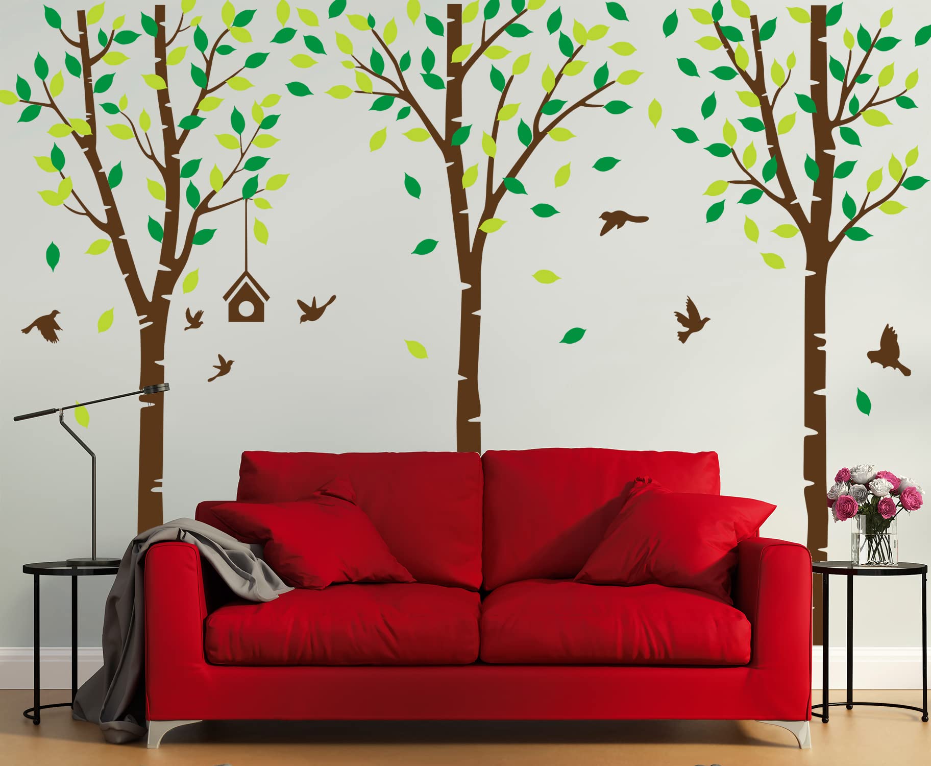 128 x 82inch Giant Jungle Forest Tree Wall Decals Birds Wall Stickers Green Leaves Wall Murals Decor for Kids Bedroom Nursery Living Room Office Home Decoration (Brown)