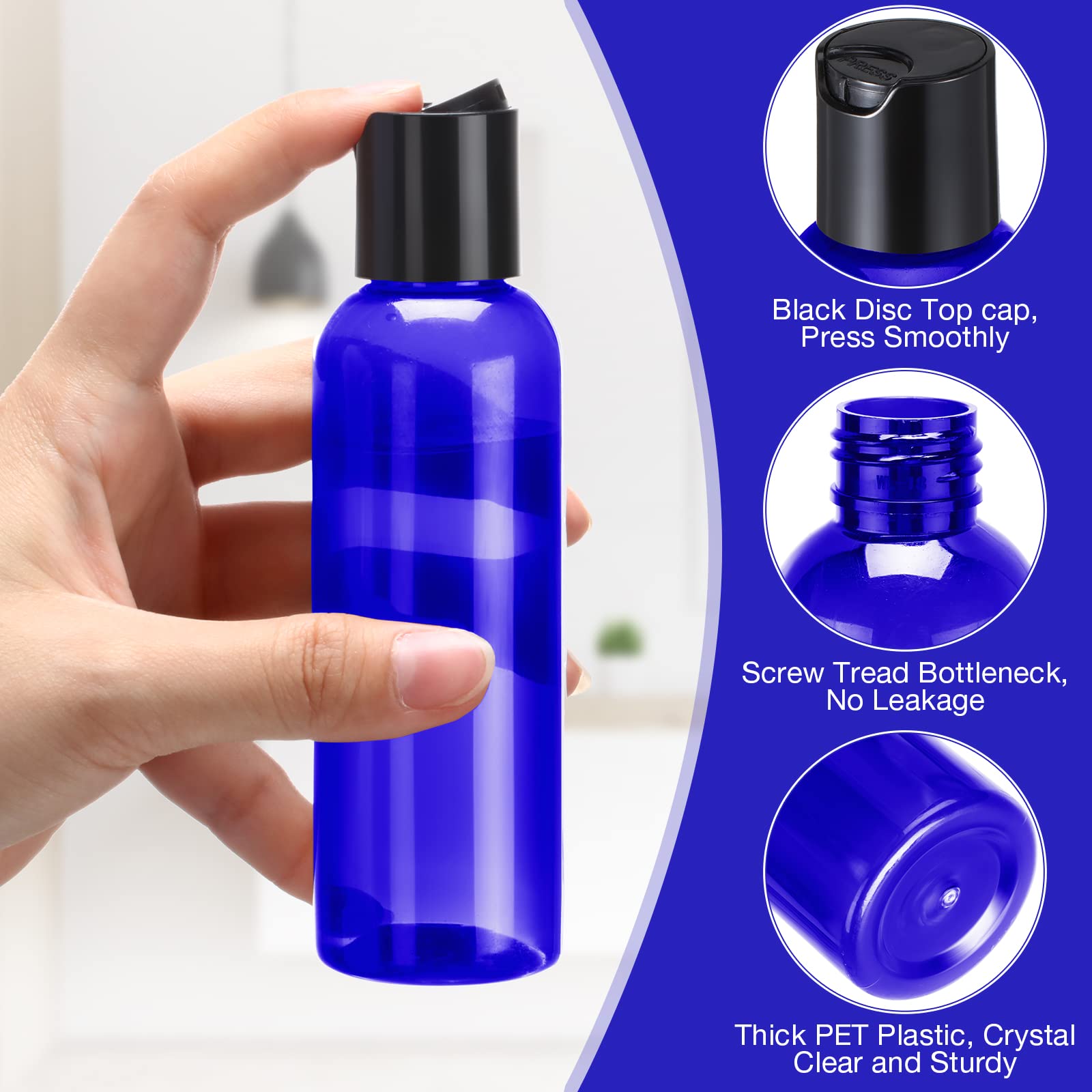 50pcs 4oz Empty Plastic Travel Bottles with Disc Top Flip Cap Small Travel Size Bottles Blue Plastic Bottles Refillable Empty Containers for Shampoo Lotion Liquid Body Soap Cream Toiletries