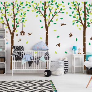 128 x 82inch Giant Jungle Forest Tree Wall Decals Birds Wall Stickers Green Leaves Wall Murals Decor for Kids Bedroom Nursery Living Room Office Home Decoration (Brown)