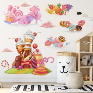 Ice Cream Candy Wall Stickers Castle Cake Wall Decals Removable Xmas Candy and Fruit Party Decor for Nursery Kids Room Decoration