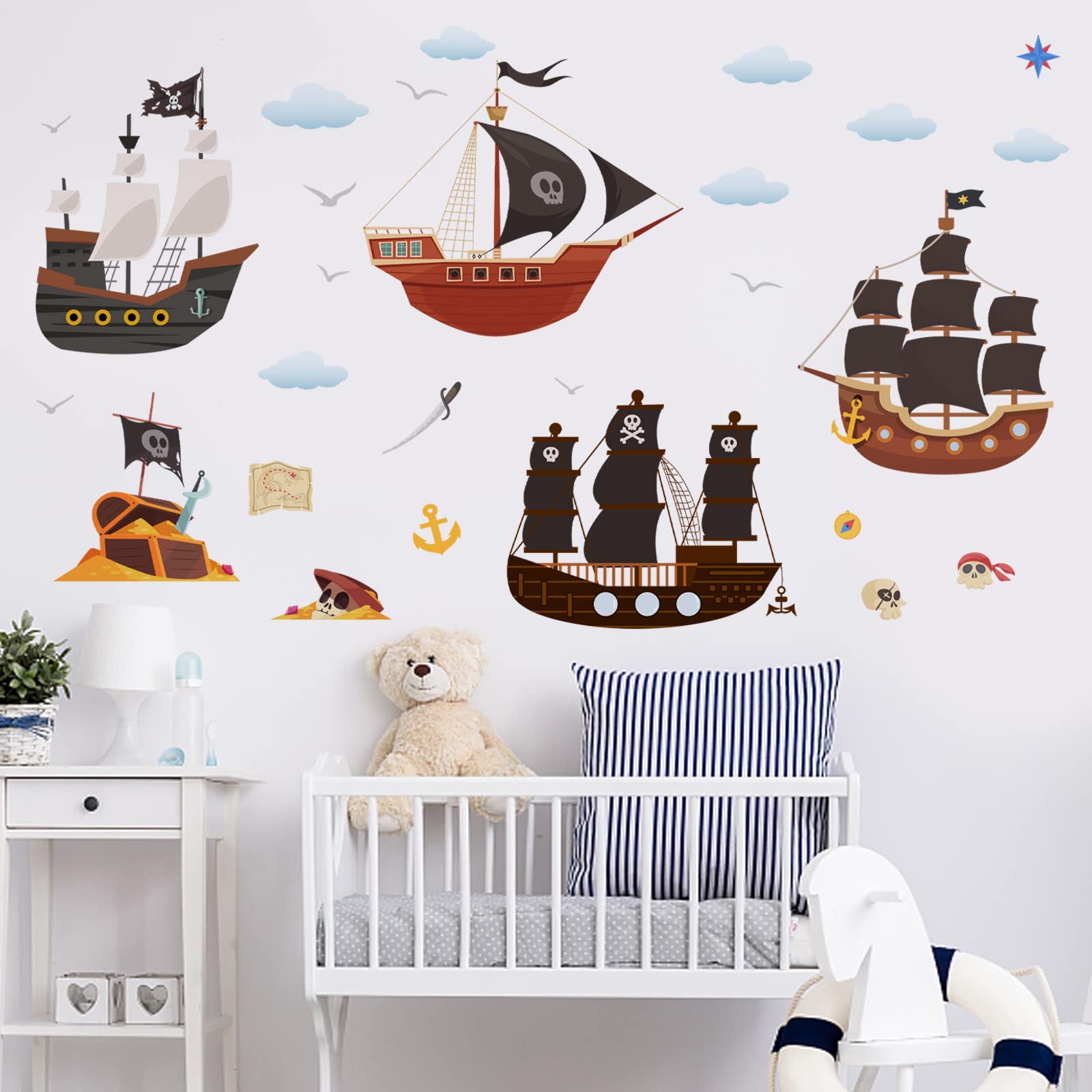 PLIGREAT Pirate Ship Wall Stickers, Removable Self-Adhesive Wall Stickers, Peel and Stick Wall Decals DIY Vinyl Wall Stickers for Boys Bedroom Nursery Living Room Home Wall Art Decor