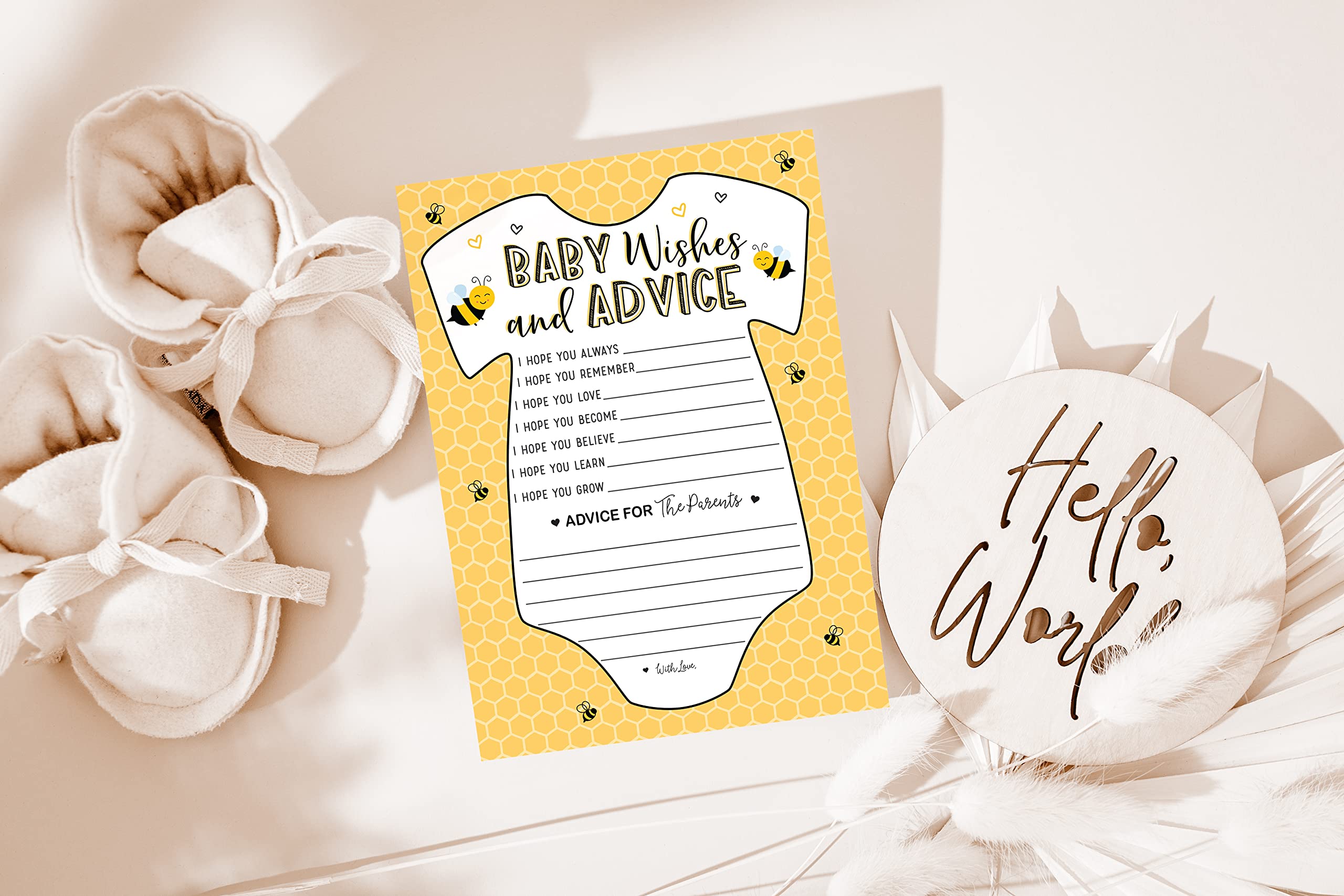 Your Main Event Prints Baby Shower Games Advice, Wishes, and Prediction Cards (Neutral Bee Yellow) - 50 Pack Gender-Neutral Baby Shower Activity for Guests